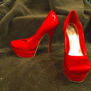 BeBe red satin platform heels